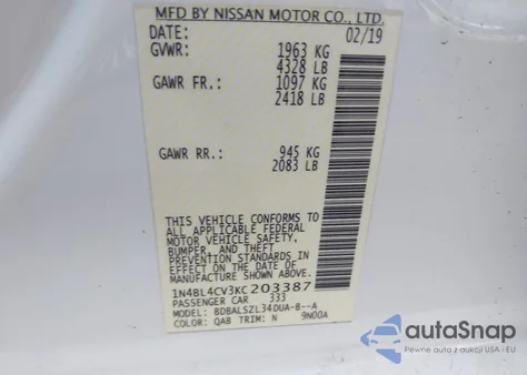 2019 Nissan Altima 2.5 Sr из США, поврежденный, VIN 1N4BL4CV3KC203387